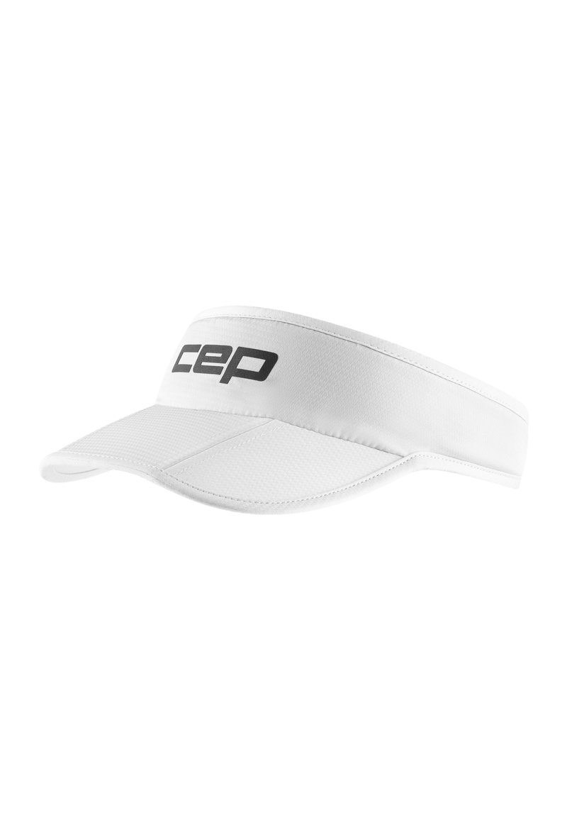 White visor with a textured finish, featuring a wide brim and adjustable strap. "CEP" logo in black printed on the front. Lightweight design.