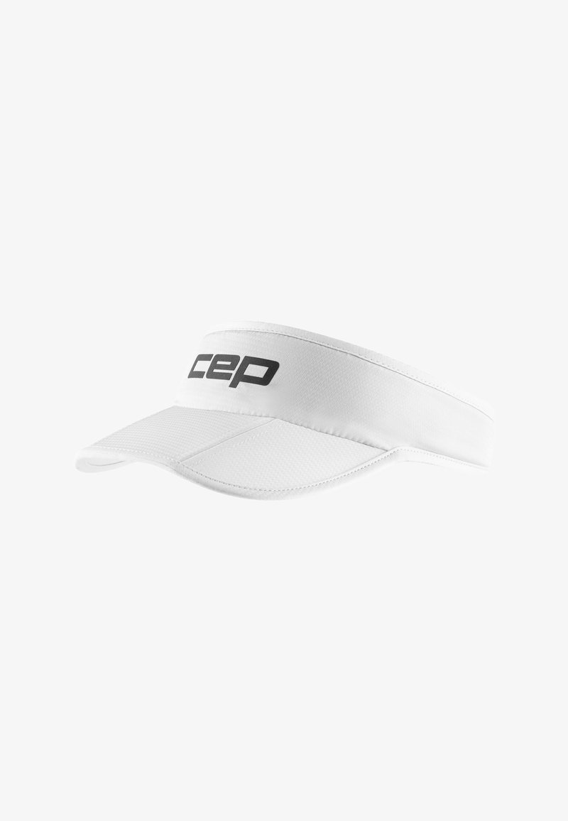 White visor with a textured finish, featuring a wide brim and adjustable strap. "CEP" logo in black printed on the front. Lightweight design.