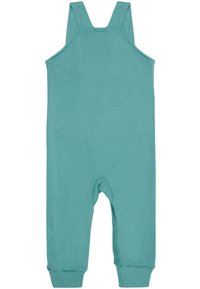 Romper in cotone color turchese con spalline regolabili, gambe aderenti e chiusura a scatto all'inguine. Texture morbida e design semplice.
