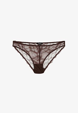 Tanga marrone in pizzo con motivo floreale, texture semi-trasparente e fascia in vita solida. Presenta delicati bordi ondulati e una parte anteriore foderata.
