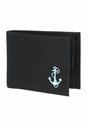 Portefeuille noir à deux volets avec un symbole d’ancre bleu clair dans le coin avant, présenté fermé et incliné pour montrer l’épaisseur et la texture.