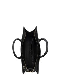 Black leather handbag with a textured exterior, zippered opening, dual handles, and an interior featuring several compartments and pockets.
