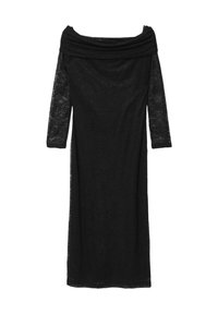 Schwarzes, schulterfreies Kleid mit dreiviertellangen Spitzenärmeln, das mit einem strukturierten Blumenmuster und einer figurbetonten Silhouette ausgestattet ist.