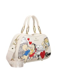 Borsa sintetica bianca con personaggi dei cartoni animati, chiusura con zip, elementi grafici come "I ❤️ Roma" e dettagli in metallo color oro.