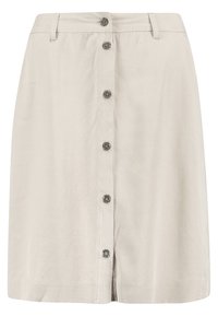 Hellbeiger Stoffrock mit einer vorderen Knopfleiste mit fünf dunklen Knöpfen, flachen Fronttaschen und einem geraden Schnitt.