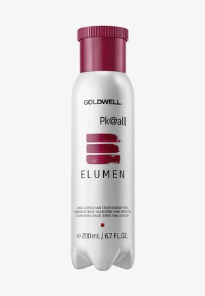 Goldwell Elumen Haarfarbe in einer weißen Plastikflasche mit rotem Deckel. Hervorhebung von kräftigen dunkelroten Akzenten und einem klaren Produktetikett.