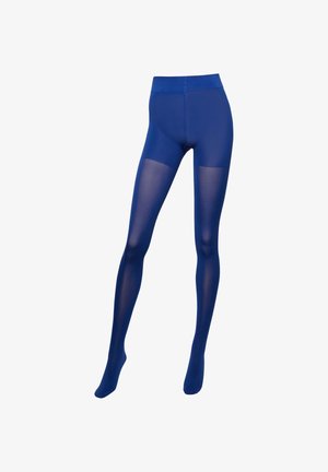 Blaue Strumpfhose mit glatter, undurchsichtiger Textur und hohem Bund. Die Beine sind transparent, was einen Kontrast zwischen undurchsichtigen und durchsichtigen Bereichen schafft.