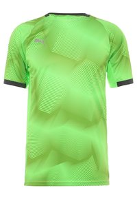 Camiseta deportiva de manga corta en verde neón con un patrón de ola texturizado, con detalles en negro en el cuello y las mangas, fabricada con material ligero y transpirable.
