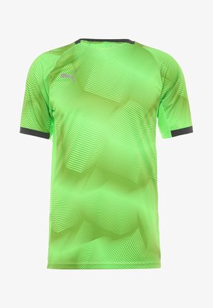 Camiseta deportiva de manga corta en verde neón con un patrón de ola texturizado, con detalles en negro en el cuello y las mangas, fabricada con material ligero y transpirable.
