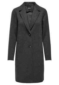 Mørkegrå ullkåpe med lange ermer, notched lapels og en enkelt knappelukking. Har en glatt tekstur og en skreddersydd silhuett.