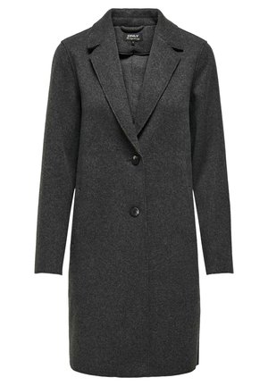 Manteau en laine gris foncé avec manches longues, revers crantés et fermeture à un bouton. Présente une texture lisse et une silhouette ajustée.