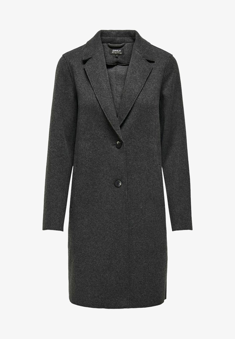 Mørkegrå ullkåpe med lange ermer, notched lapels og en enkelt knappelukking. Har en glatt tekstur og en skreddersydd silhuett.