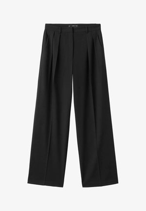 Černé široké kalhoty s předními záhyby, plochým pasem a bočními kapsami. Vyrobené z hladkého materiálu s módním střihem.