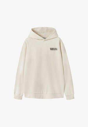 Sweat à capuche de couleur crème en tissu doux. Comprend une poche avant, une capuche à cordon et le texte noir "NIRVANA" sur la zone de la poitrine gauche.