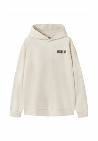 Kremfarget hettegenser laget av mykt stoff. Har en frontlomme, hette med snor og svart "NIRVANA"-tekst på venstre brystområde.