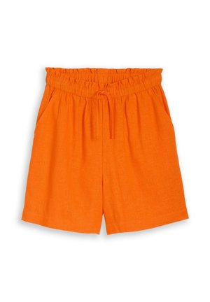 Bright orange high-waist shorts with an elastic waistband, front tie, side pockets, and a relaxed fit.