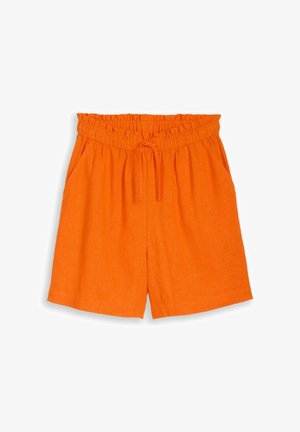 Shorts taille haute orange vif avec une ceinture élastique, un lien à l'avant, des poches latérales et une coupe décontractée.