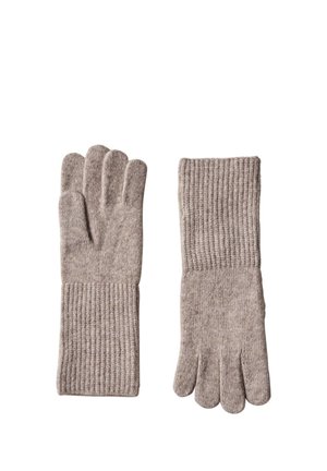 Paire de gants en laine beige tricotés avec poignets côtelés, posés à plat, montrant le devant et le dos sur fond blanc.