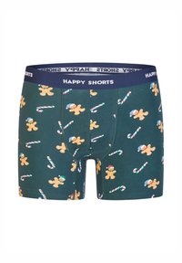 Zelené boxérky s vzorem perníčků a cukrových hůlek. Mají tmavě modrý pas s nápisem "HAPPY SHORTS".