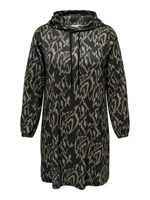 Juoda ir smėlio spalvos raštuotas megztinis su suknele, laisvu siluetu, ilgomis rankovėmis ir styginiu kaklu. Švelni medžiaga su tekstūrine išvaizda ir pojūčiu.