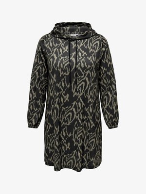 Crna i bež dukserica haljina s uzorkom, slobodnog kroja, dugim rukavima i vezicom oko vrata. Mekani materijal s teksturiranim izgledom i osjećajem.