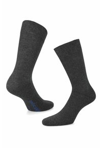 Szare bawełniane skarpetki z prążkowanymi mankietami i bezszwowym palcem. Zawierają niebieski detal z logo po boku. Miękka tekstura i standardowy fason do kolan.