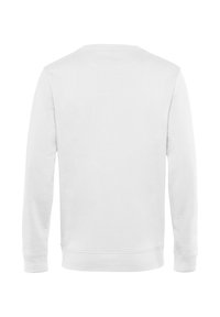 Sweatshirt bianco a maniche lunghe con collo rotondo, polsini a coste e orlo bandato. Il tessuto sembra morbido con una texture liscia, senza grafiche visibili.