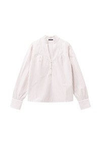 Biała bluzka z długim rękawem z cienkimi pionowymi paskami w jasnobrązowym kolorze, z falbaniastym dekoltem, zapięciem na guziki i koronkowymi detalami.