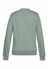 Sweat-shirt vert menthe à manches longues, poignets et ourlet côtelés, col rond, texture lisse, sans logos ni motifs visibles.