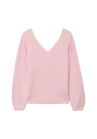 Vaaleanpunainen pusero, jossa on syvä V-pääntie, pitkät hihat ja pehmeä, teksturoitu kangas. Malli on lyhyt ja hihansuut ovat resorilliset.