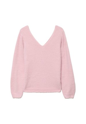 Różowy pulower z głębokim dekoltem w serek, długimi rękawami i miękką, teksturowaną tkaniną. Charakteryzuje się krótkim krojem i prążkowanymi ściągaczami na rękawach.