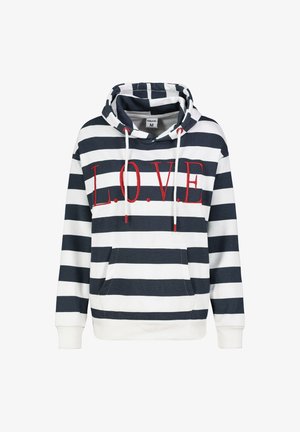 Gestreifter Kapuzenpullover in Marineblau und Weiß mit roter "L.O.V.E." Stickerei. Verfügt über eine Kordelzugkapuze und eine vordere Kängurutasche. Aus weichem Baumwollmaterial.