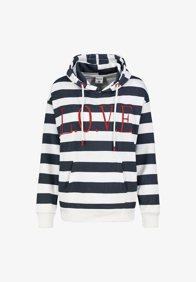 Gestreifter Kapuzenpullover in Marineblau und Weiß mit roter "L.O.V.E." Stickerei. Verfügt über eine Kordelzugkapuze und eine vordere Kängurutasche. Aus weichem Baumwollmaterial.