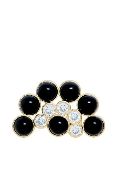 Schwarze und klare, runde Steine auf einem goldfarbenen Metallhintergrund, in einem geschichteten, gruppierten Design angeordnet für ein auffälliges Erscheinungsbild.