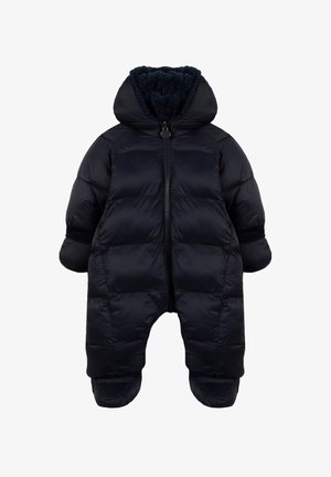 Combinaison de neige matelassée bleu marine pour bébé avec capuche, fermeture éclair frontale et couvre-pieds intégrés, conçue pour la chaleur par temps froid.