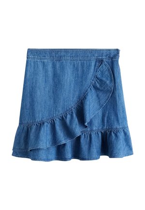 Rifľová mini sukňa s riaseným zavinovacím dizajnom pozdĺž prednej časti a lemu v strednom modrom prevedení.