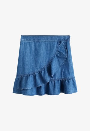 Denim mininederdel med flæseindpakket design langs fronten og kanten i medium blå vask.