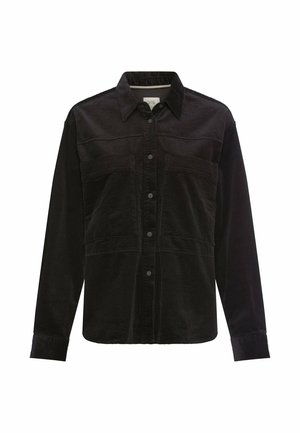 Chemise noire en velours côtelé à manches longues avec col et boutons devant, présentant des détails de coutures sur la poitrine et la taille.