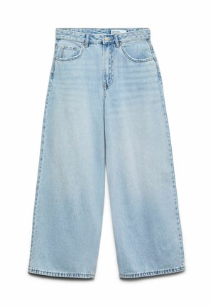 Jean bleu clair à jambes larges avec une taille haute, fabriqué en denim. Comprend une fermeture à boutons, cinq poches et un ourlet droit.