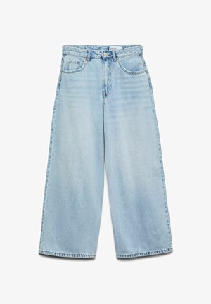 Jean bleu clair à jambes larges avec une taille haute, fabriqué en denim. Comprend une fermeture à boutons, cinq poches et un ourlet droit.