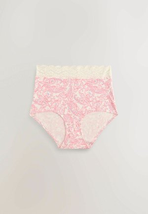 Naisten vaaleanpunaiset korkeavyötäröiset alushousut paisley-kuviolla. Niissä on aaltoileva pitsivyötärö ja pehmeä kangaspinta.