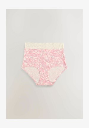 Damska bielizna z wysokim stanem w jasnoróżowym kolorze z wzorem paisley. Posiada falbankowy koronkowy pas i miękką teksturę tkaniny.