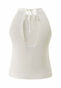 Weißes gestricktes ärmelloses Halftertop mit tiefem V-Ausschnitt und Bindeschluss am Rücken.