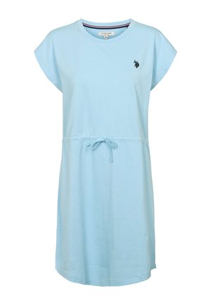 Svetlo modra obleka s kratkimi rokavi iz mehke tkanine, z nizom za zavezovanje v pasu in majhnim vezenim logotipom na prsih.