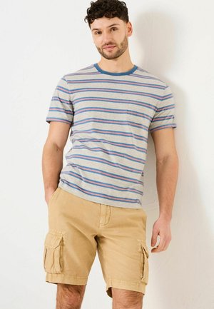 Gray striped t-shirt with blue and pink lines, short sleeves, and a chest pocket. Paired with beige cargo shorts featuring side pockets.