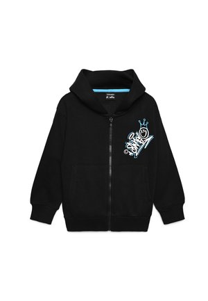 Felpa nera con cappuccio e zip frontale, tasche anteriori, con un motivo in stile graffiti blu e bianco con una corona sul petto sinistro.