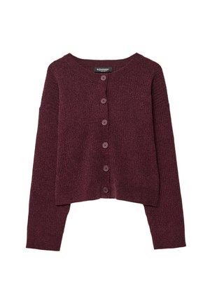 Cardigan côtelé bordeaux avec un design court, un col rond et six boutons assortis sur le devant. Texture douce avec des manches longues.