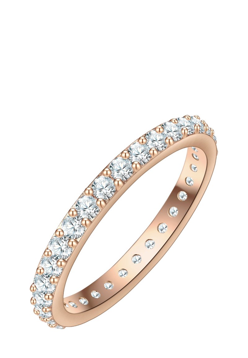 Bague en or rose avec une rangée de pierres claires rondes le long du bord supérieur, dotée de petits séparateurs ronds entre chaque pierre pour un détail supplémentaire.