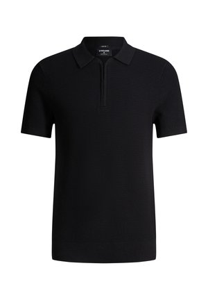 Zwart gebreid poloshirt met korte mouwen, een ritskraag en een gestructureerd stofpatroon.