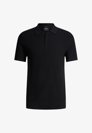 Zwart gebreid poloshirt met korte mouwen, een ritskraag en een gestructureerd stofpatroon.
